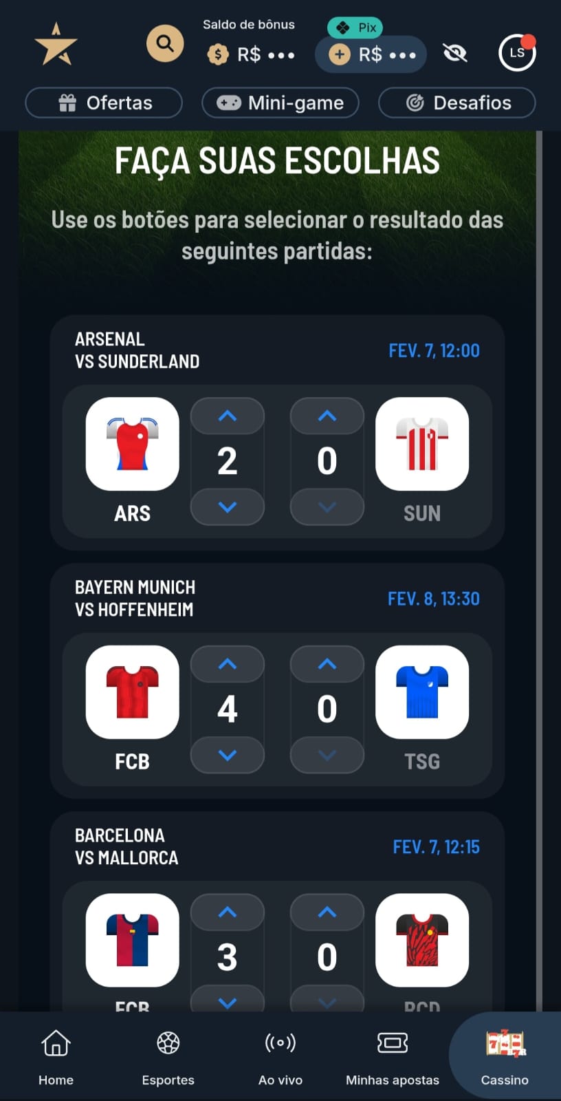 Oferta gratuita Bolão 6 da Estrelabet com placares ajustados em jogos da Premier League, Bundesliga e mais.