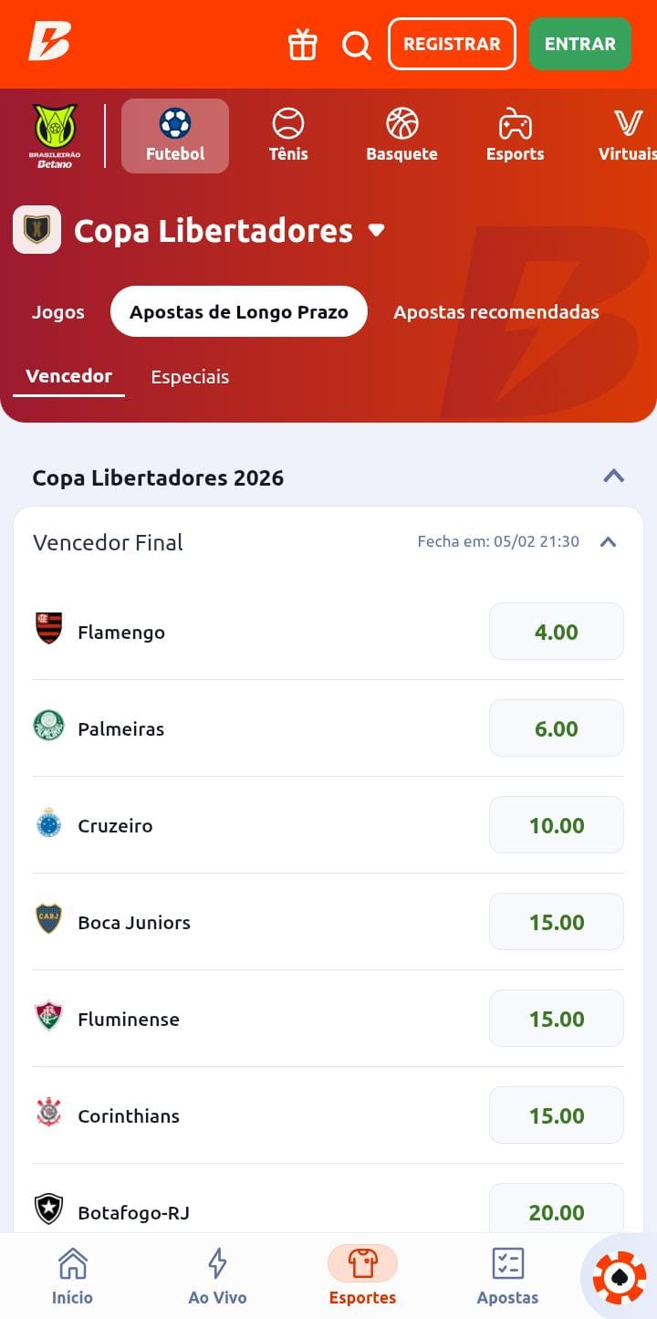 Cotações para o Vencedor Final da Copa Libertadores 2026 na Betano, com Flamengo, Palmeiras e Cruzeiro como favoritos
