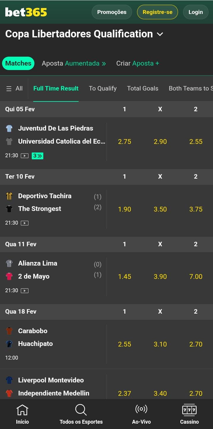 Cotações para o mercado de resultado final de diferentes jogos da Libertadores na Bet365

