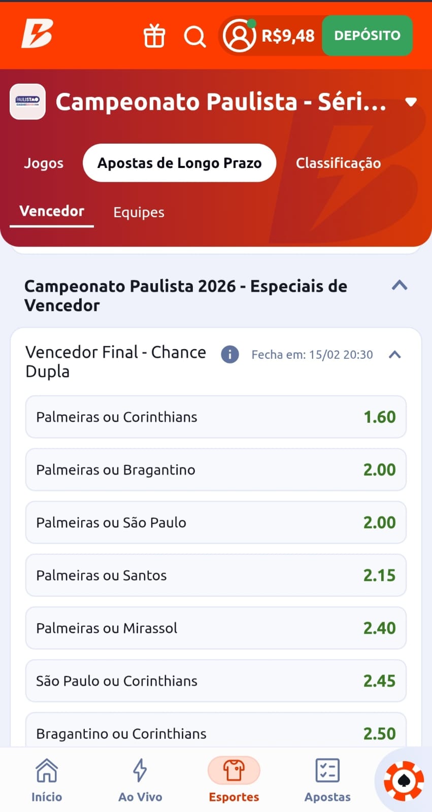 Mercado Chance Dupla na Betano para apostas no Campeonato Paulista com Palmeiras e Corinthians como favoritos.