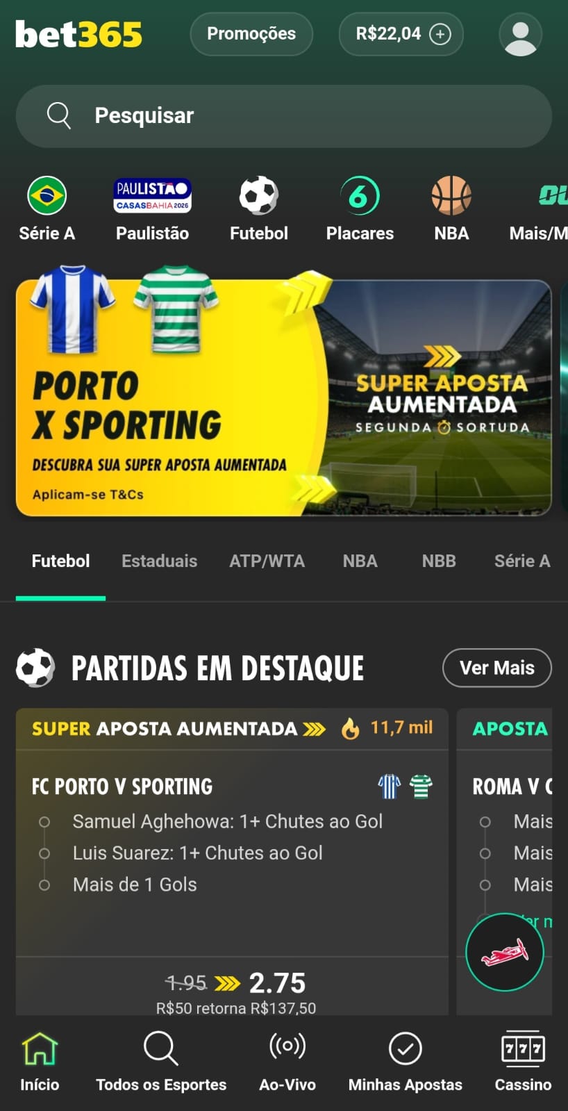 Apostas em esportes na Bet365 com destaque para seção do Paulistão 2026.