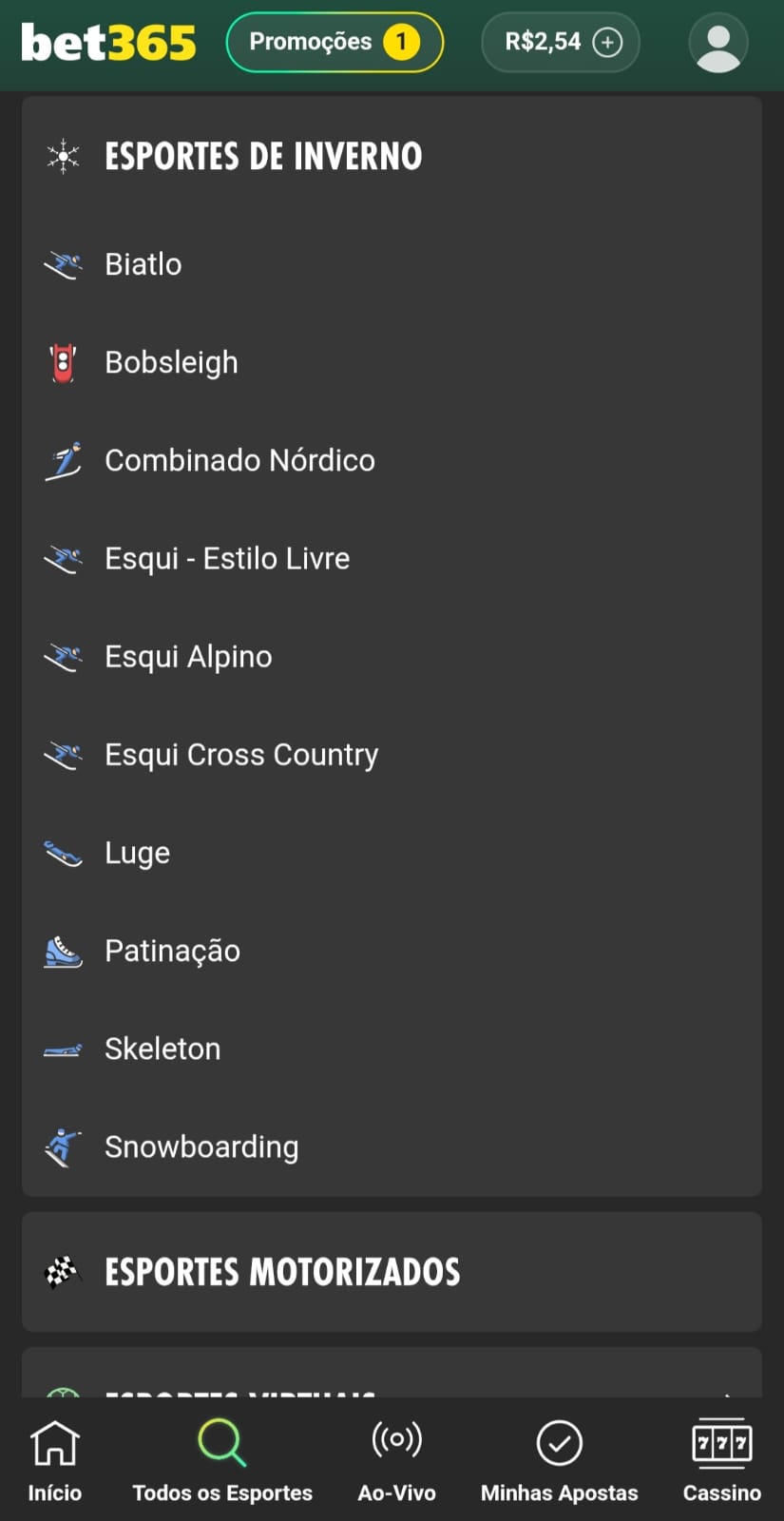 Esportes de inverno na Bet365 com Biatlo, Bobsleigh, Snowboarding e outros.