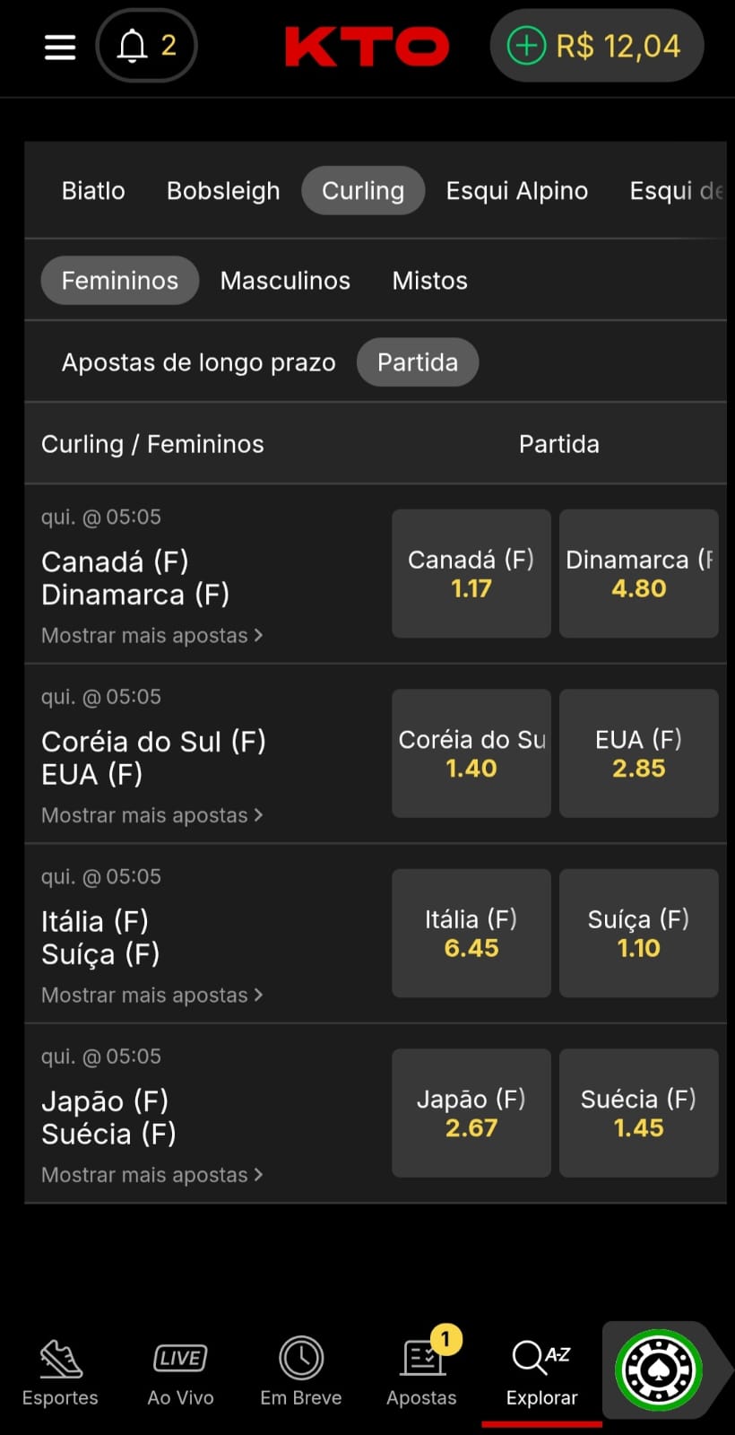 Mercados de curling para apostar nos Jogos Olímpicos de Inverno 2026 na KTO.