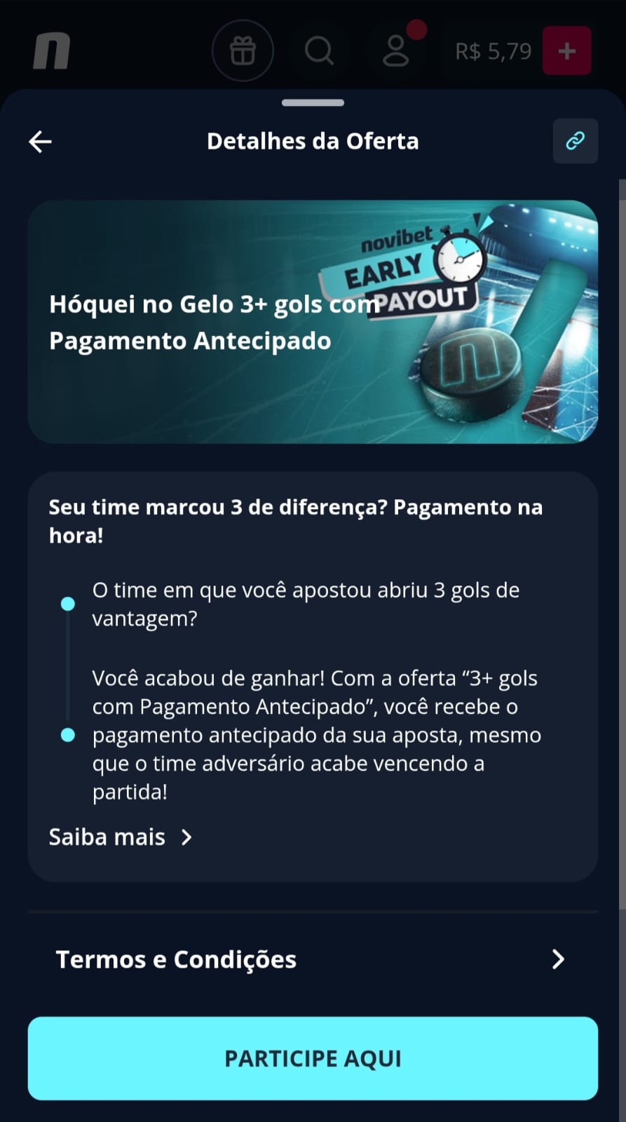 Oferta da Novibet com pagamento antecipado em hóquei no gelo quando o time abre 3 gols de vantagem.